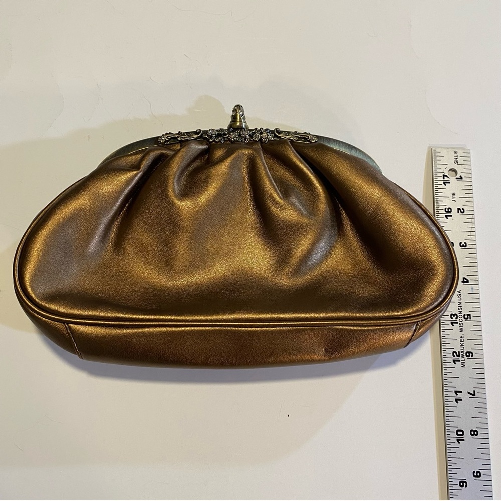 Bronze vegan leather clutch with brass hardware and rhinestones, GUC no strap